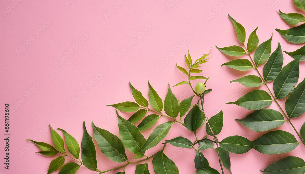 Green leaves and vines with pink background, minimal style with text space