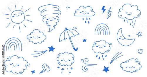 Cloud rain weather cartoon cute set. Cloud, sun, moon weather character with smile and angry face. Hand drawn doodle sketch style. Rainbow, wind, tornado doodle character. Vector illustration.