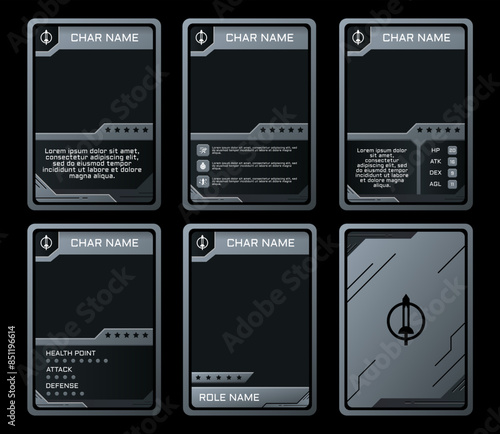 card game design with modern technology theme with silver color like iron, for game card design, print, and resources