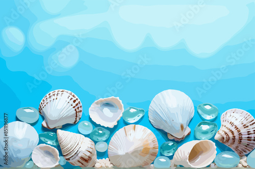Seashell frame, blue background, card, AI generating 