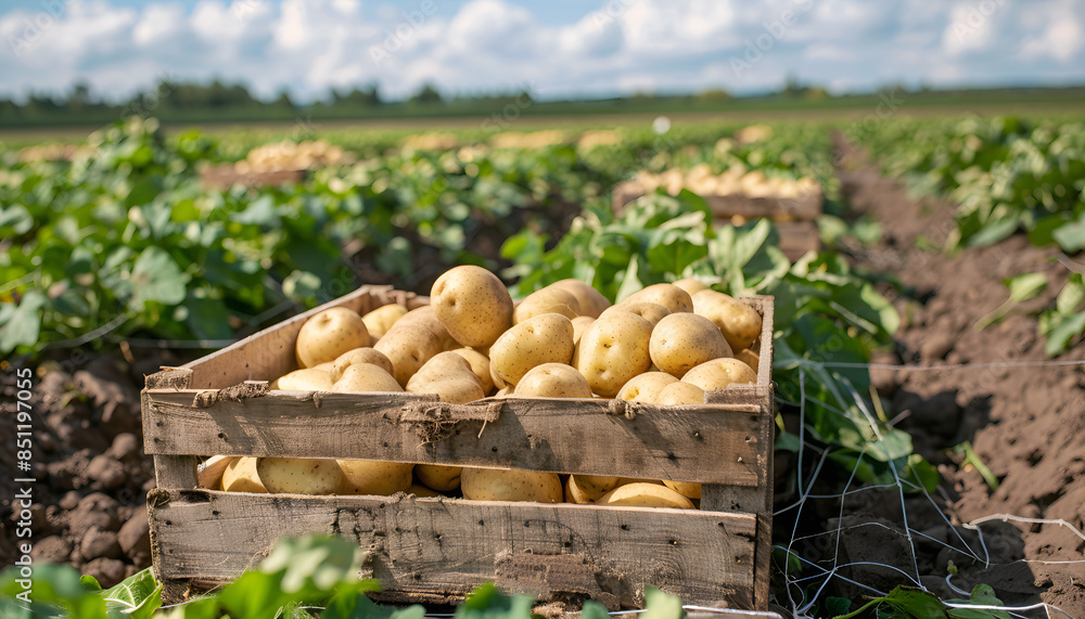 Image of fresh potatoes harvested on a farm, crop, agriculture, food, potatoes, plants, health, farm, business, green, yellow, sky, daytime, sunlight, outdoor, AI-generated. Image of fresh potatoes harvested on a farm, crop, agriculture, food, potatoes, plants, health, farm, business, green, yellow, sky, daytime, sunlight, outdoor, AI-generated.