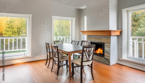 comfortable dining room, beautiful, contemporary, modern, furniture, decor, table, windows, design, house, home, white, fireplace