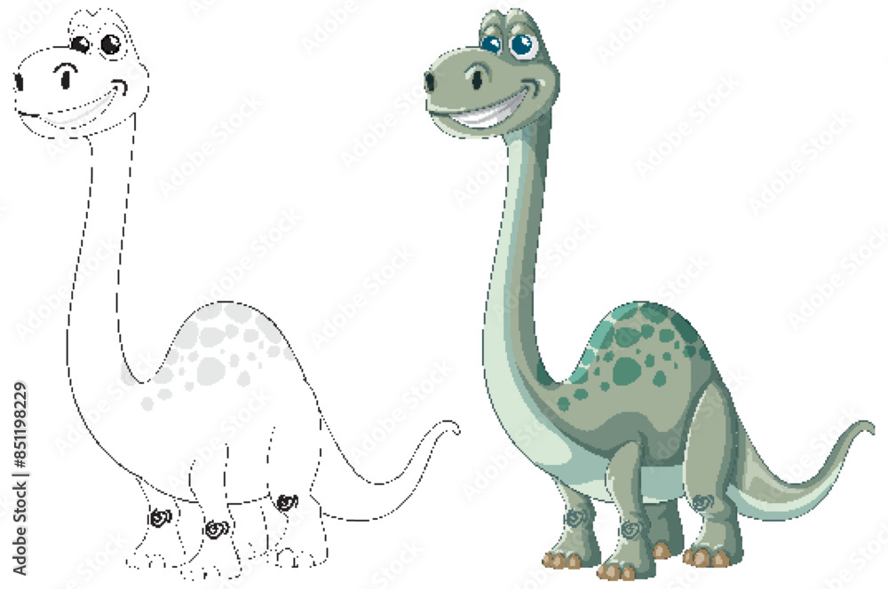 Naklejka premium Two smiling dinosaurs, one colored, one outlined
