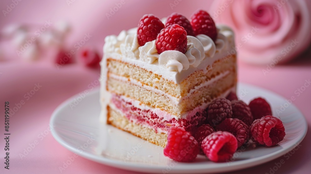 Slice of Raspberry Cake on White Plate Slice of Raspberry Cake on White Plate