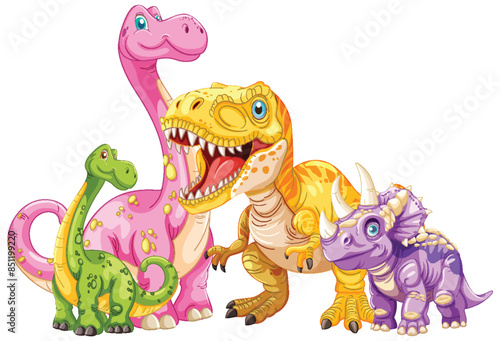 Four vibrant dinosaurs in a playful scene