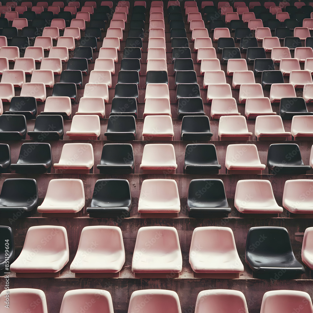 Fototapeta premium Seats of black tribune on sport stadium. empty outdoor arena. concept of fans. chairs for audience. cultural environment concept. color and symmetry. empty seats