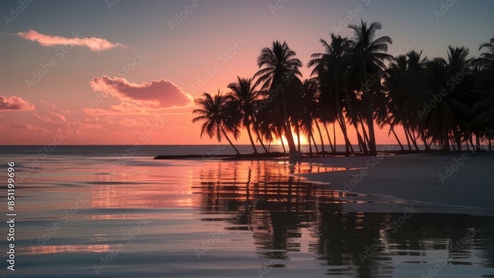A serene beach at sunset with vibrant orange and pink hues reflecting off the calm ocean water, silhouetted palm trees in the foreground, and a clear sky with a few scattered clouds. A serene beach at sunset with vibrant orange and pink hues reflecting off the calm ocean water, silhouetted palm trees in the foreground, and a clear sky with a few scattered clouds.