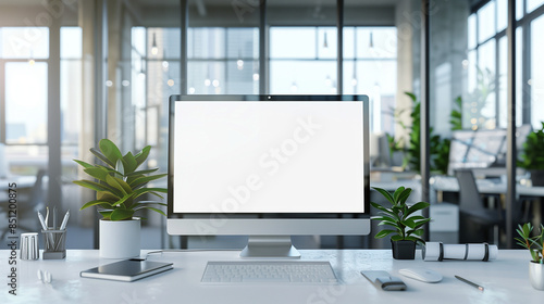 Modern office desk with blank screen computer monitor  Ai generated Images
