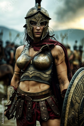 Fierce Spartan Woman Warrior in Armor in a Battlefield Background Setting