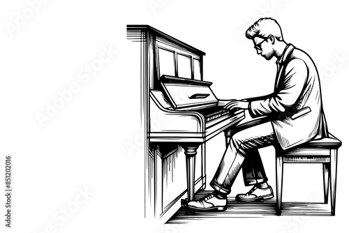 continuous one line drawing man playing a grand piano outline, sketch artist sitting and using piano to learn it on white background
