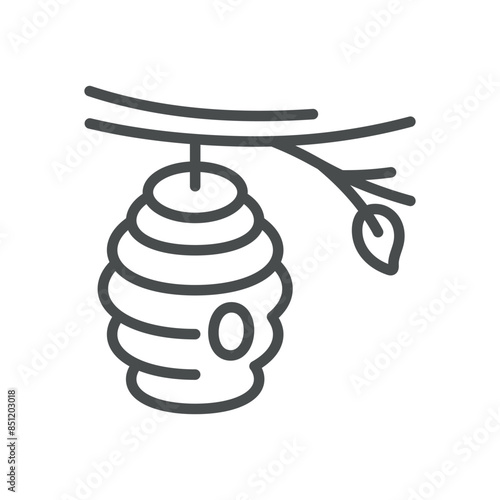 Beehive on a Tree Icon. Simple Line Illustration of a Beehive Hanging from a Branch, Symbolizing Natural Beekeeping and Wild Bee Habitats. Vector Symbol on White Background.