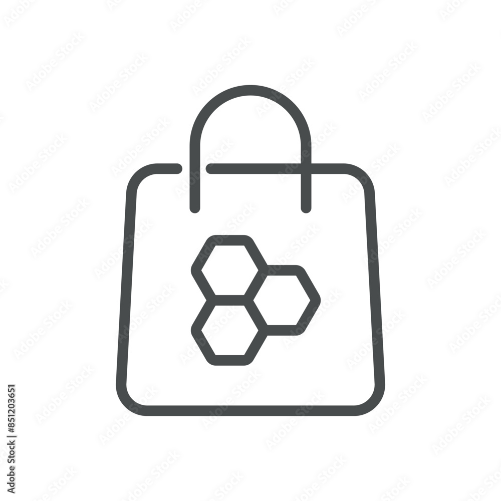 Honey Purchase Icon. Simple Line Illustration of a Shopping Bag with Honeycomb, Symbolizing Buying Honey Products. Vector Symbol on White Background. Honey Purchase Icon. Simple Line Illustration of a Shopping Bag with Honeycomb, Symbolizing Buying Honey Products. Vector Symbol on White Background.