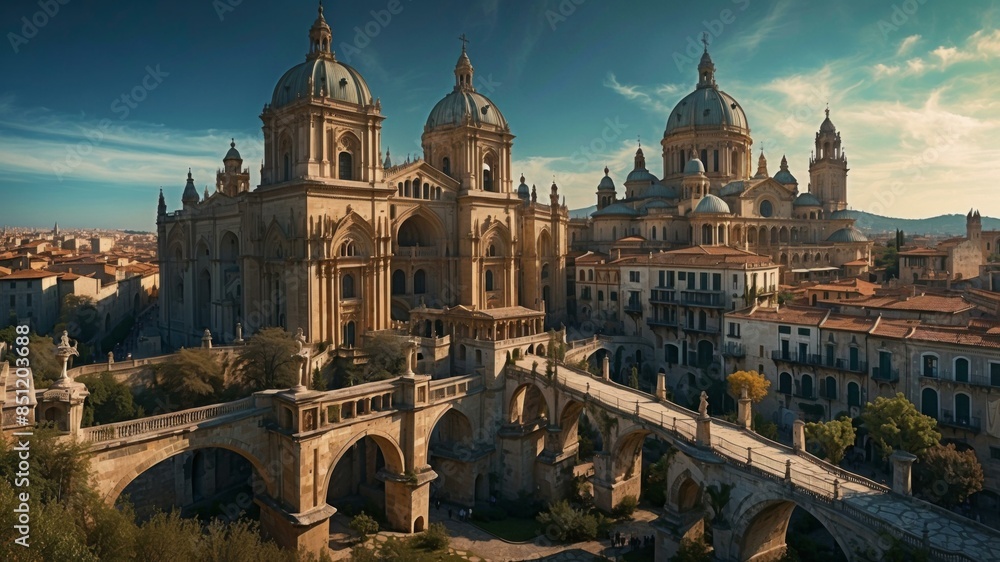 Naklejka premium An aerial view of an ancient European city with a river flowing through it. AI.