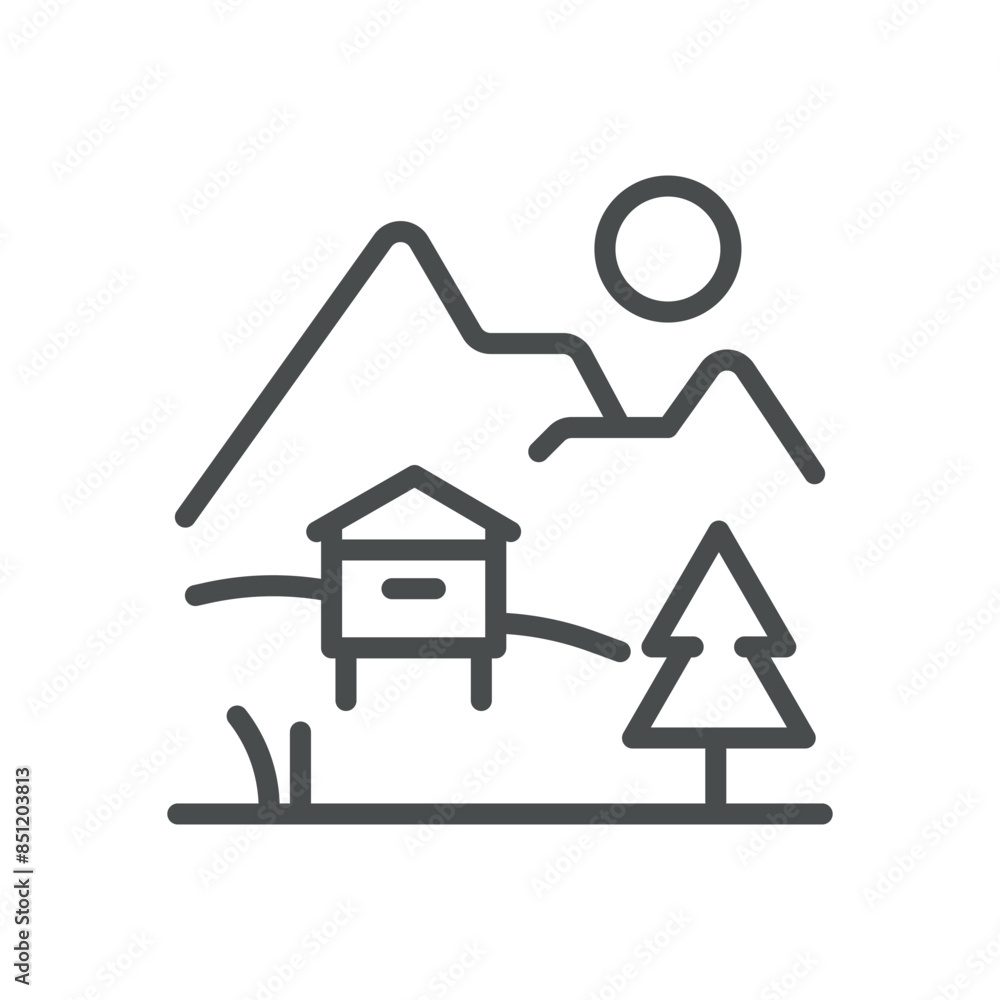 Natural Apiary Icon. Simple Line Illustration of an Apiary in a Mountainous Landscape with Trees and Sun, Symbolizing Natural Beekeeping. Natural Apiary Icon. Simple Line Illustration of an Apiary in a Mountainous Landscape with Trees and Sun, Symbolizing Natural Beekeeping.