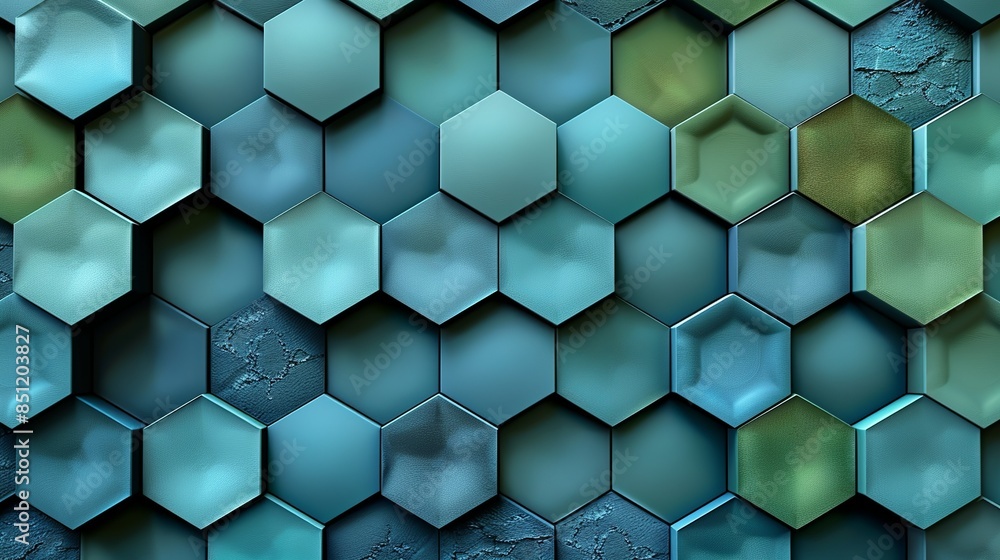 An abstract background featuring a seamless pattern of interlocking hexagons in varying shades of blue and green, creating a dynamic and modern look with a touch of depth and texture. Abstract An abstract background featuring a seamless pattern of interlocking hexagons in varying shades of blue and green, creating a dynamic and modern look with a touch of depth and texture. Abstract