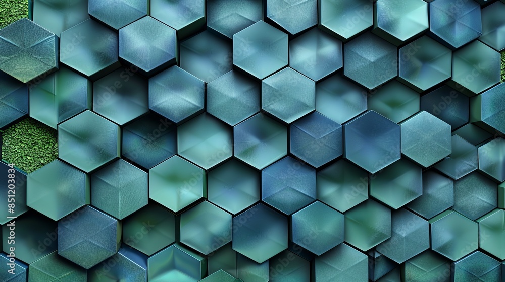 An abstract background featuring a seamless pattern of interlocking hexagons in varying shades of blue and green, creating a dynamic and modern look with a touch of depth and texture. Abstract An abstract background featuring a seamless pattern of interlocking hexagons in varying shades of blue and green, creating a dynamic and modern look with a touch of depth and texture. Abstract