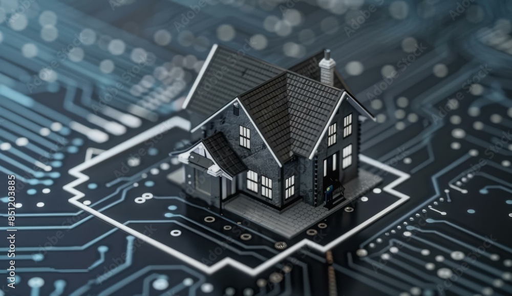 A digital rendering of a house sitting on a circuit board. AI. A digital rendering of a house sitting on a circuit board. AI.
