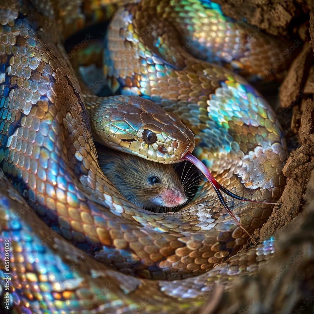Fototapeta premium The image shows a mouse curled up in fear as a snake slithers around it, preparing to strike. AI.