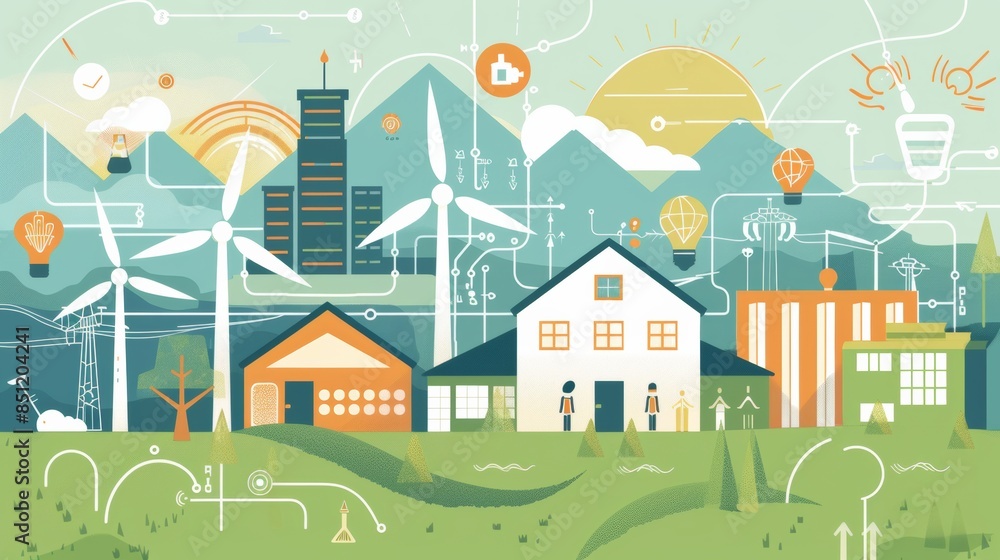 The image showcases a sustainable community with solar panels, wind turbines, and smart technology. People interact, promoting clean energy and eco-friendly living. The image showcases a sustainable community with solar panels, wind turbines, and smart technology. People interact, promoting clean energy and eco-friendly living.
