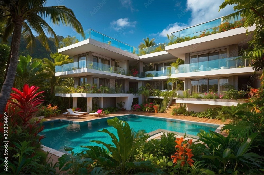 A beautiful modern villa with a pool and lush tropical garden. AI. A beautiful modern villa with a pool and lush tropical garden. AI.