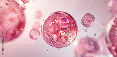 Cosmetic product with bubble and molecule background pink water drops on a glass. Abstract image featuring numerous translucent pink bubbles of varying sizes on a soft pink background.