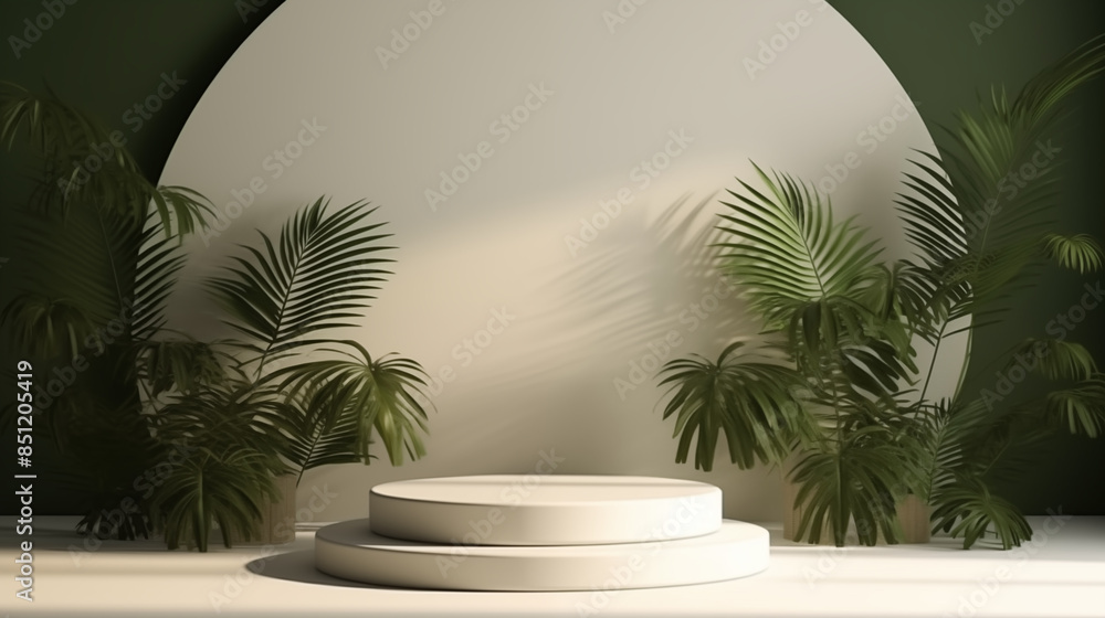 3D rendering platform podium with plant product presentation white background with sunlight 3D rendering platform podium with plant product presentation white background with sunlight