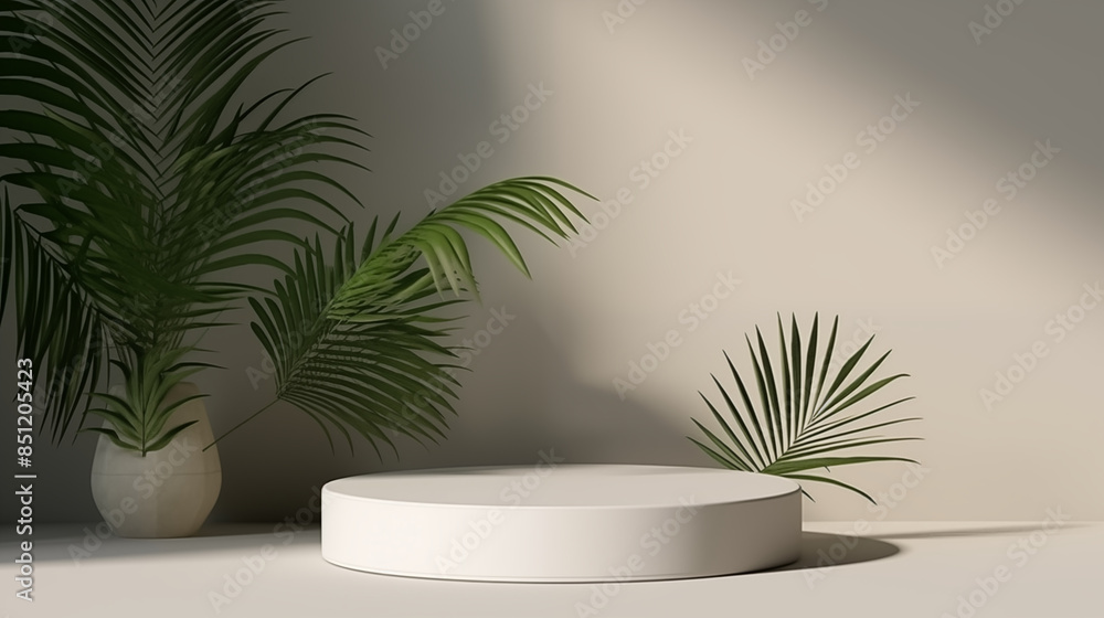 3D rendering platform podium with plant product presentation white background with sunlight 3D rendering platform podium with plant product presentation white background with sunlight