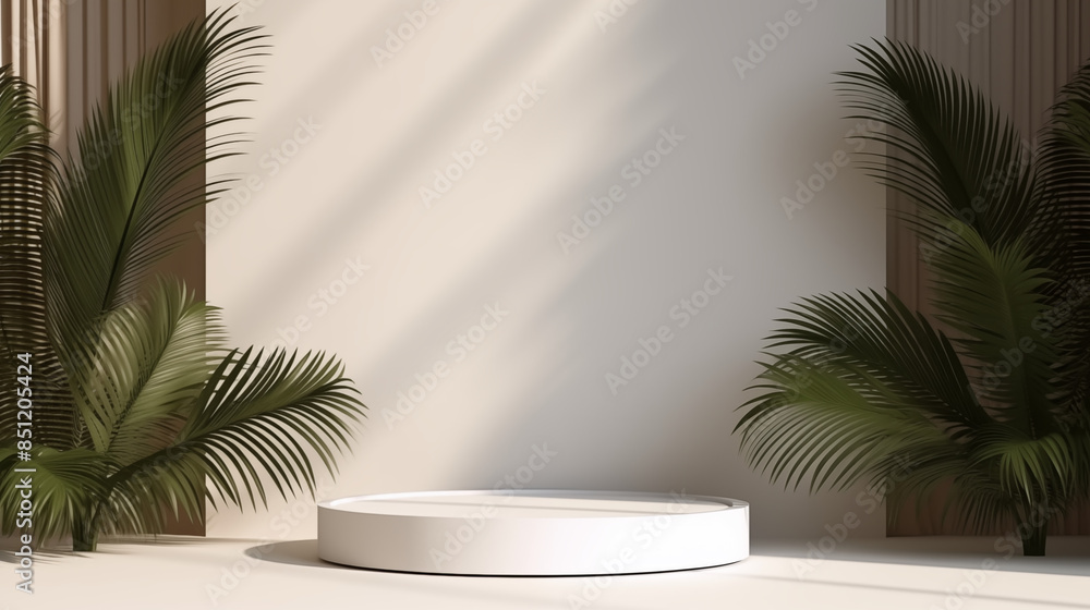 3D rendering platform podium with plant product presentation white background with sunlight 3D rendering platform podium with plant product presentation white background with sunlight