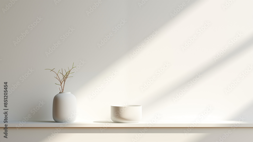 3D rendering with white vase product presentation white background with sunlight 3D rendering with white vase product presentation white background with sunlight