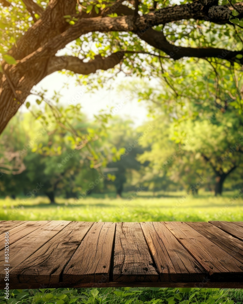 Tree Table wood Podium in farm display for food, perfume, and other products on nature background, Table in farm with grass, Sunlight at morning - generative ai Tree Table wood Podium in farm display for food, perfume, and other products on nature background, Table in farm with grass, Sunlight at morning - generative ai