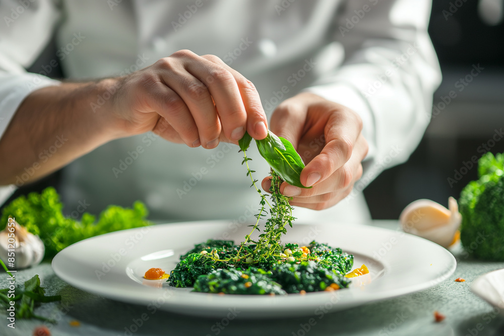 Close-up of the hands of a professional chef Make vegetable salad in the restaurant kitchen Spoon salad vegetables onto plates. Healthy food concept. Hotel Close-up of the hands of a professional chef Make vegetable salad in the restaurant kitchen Spoon salad vegetables onto plates. Healthy food concept. Hotel