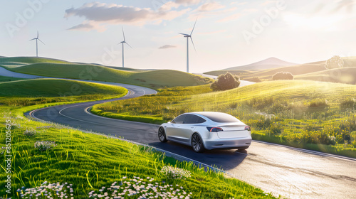 Electric car driving on the road with green field and wind turbine background. Electric vehicle green energy environmental conservation concept.