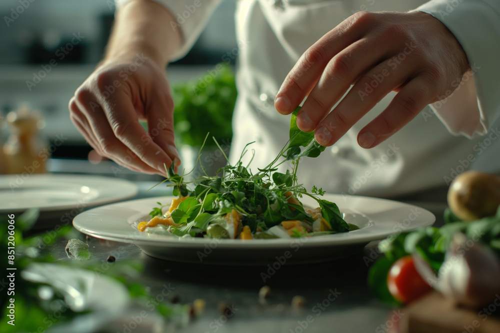 Close-up of the hands of a professional chef Make vegetable salad in the restaurant kitchen Spoon salad vegetables onto plates. Healthy food concept. Hotel Close-up of the hands of a professional chef Make vegetable salad in the restaurant kitchen Spoon salad vegetables onto plates. Healthy food concept. Hotel