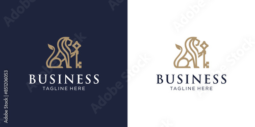 Royal Lion Key Logo Design Illustration. Silhouette of a Royal Lion Holding a Key. Elegant Gold Property Key Symbol. Elegant Gold Leo Line Icon. Luxurious Vintage Royal Coat of Arms.