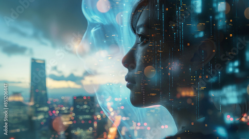 Side view of young woman, blurry city background with revealing code lines and network holograms. Program repositories and smart cities Artificial intelligence, modern computer technology, internet