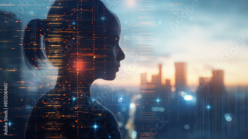 Side view of young woman, blurry city background with revealing code lines and network holograms. Program repositories and smart cities Artificial intelligence, modern computer technology, internet