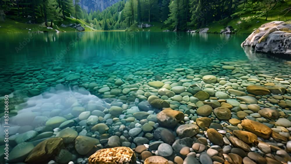 A clear mountain lake with a bed of colorful pebbles visible through the crystal-clear water. A clear mountain lake with a bed of colorful pebbles visible through the crystal-clear water.