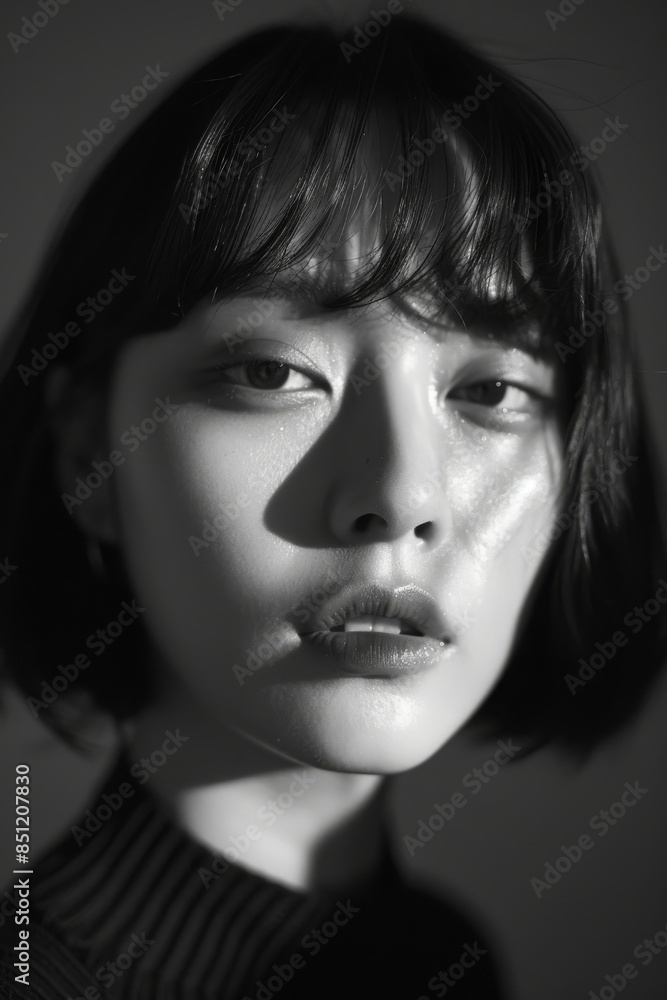 portrait of a confident young Korean model with short choppy bangs portrait of a confident young Korean model with short choppy bangs