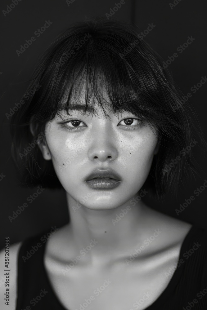 portrait of a confident young Korean model with short choppy bangs portrait of a confident young Korean model with short choppy bangs