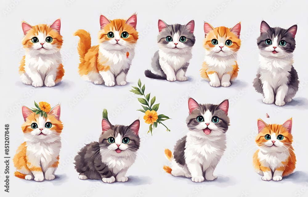 Fototapeta premium Cartoon cat wearing hats and necklaces ，Duoge Comics. Multi grid emoticons, multiple animal avatars and expressions