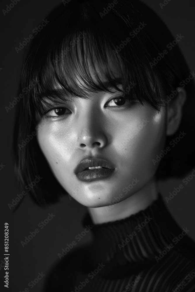 portrait of a confident young Korean model with short choppy bangs portrait of a confident young Korean model with short choppy bangs