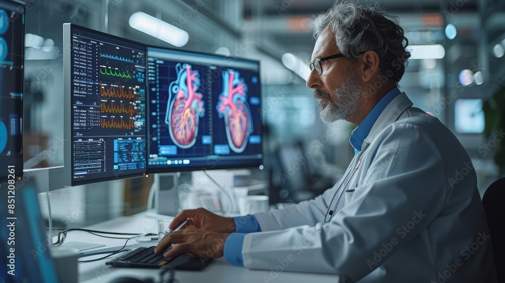 A doctor using AI software to analyze a patient's heart scan, providing real-time diagnostics, isolated on a white background.