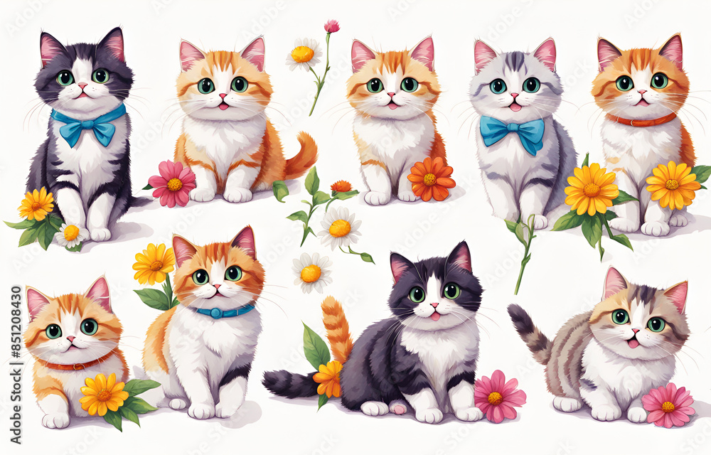 Obraz premium Cartoon cat wearing hats and necklaces ，Duoge Comics. Multi grid emoticons, multiple animal avatars and expressions
