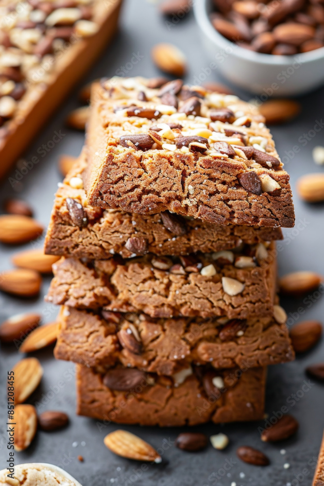 Delicious and crispy cantuccini cookies, a traditional Italian treat, captured in a top view close-up shot. Delicious and crispy cantuccini cookies, a traditional Italian treat, captured in a top view close-up shot.