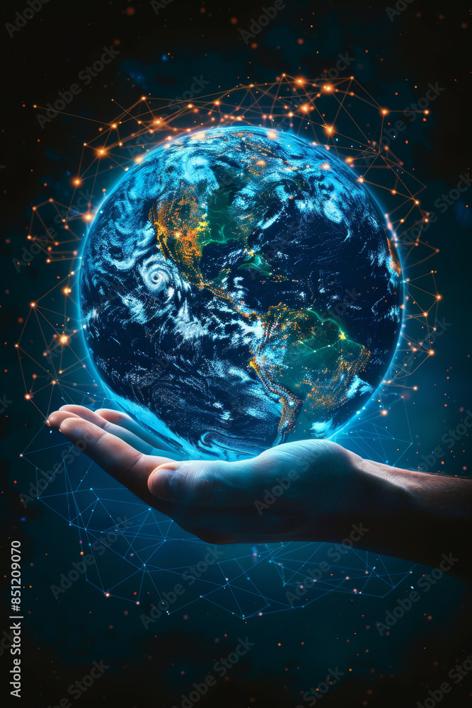 Innovative tech connects hands and Earth in global network, symbolizing science and communication advancements. Innovative tech connects hands and Earth in global network, symbolizing science and communication advancements.