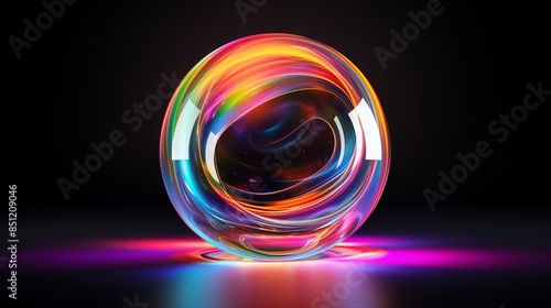 A mesmerizing glass orb with vibrant neon colors illuminated by light reflections, showcasing a captivating abstraction swirling with gradients and hues.