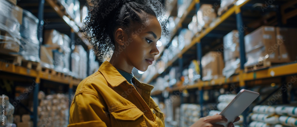 Obraz premium Female entrepreneur using tablet in warehouse for product sourcing and delivery.