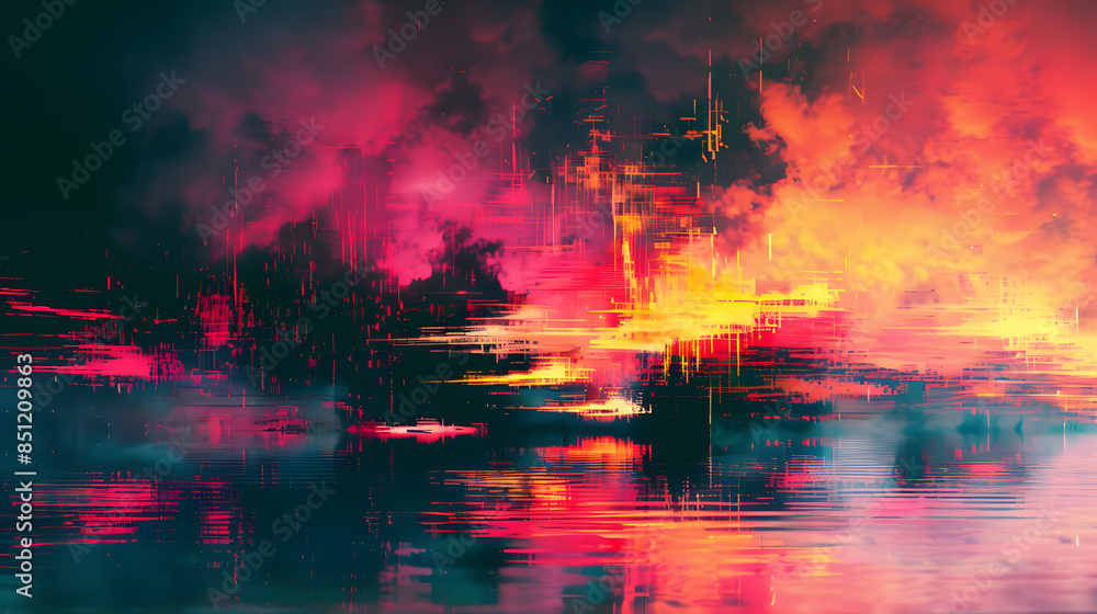 Fototapeta premium Abstract background with colourful distorted motion glitch. Broadcast error, grunge damaged effect