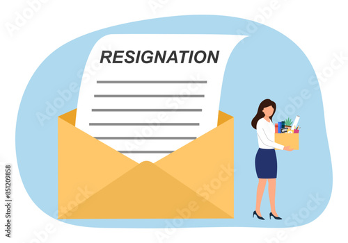 Female employee sending a resignation letter to the chief. Change of job, unemployment, resign concept. Giant envelope with document about dismissal. Worker woman leave workplace.