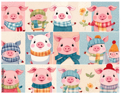 Pet pigs, Cartoonpigs  wearing hats and necklaces
，Duoge Comics. Multi grid emoticons, multiple animal avatars and expressions